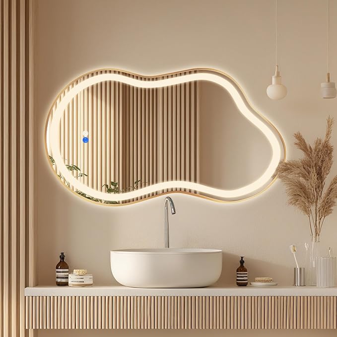 Dorlicecass Irregular Led Bathroom Mirror- Gold 20"x36" Single Piece Vanity Mirror with Lights IP54 Enhanced Anti-Fog, 3 Colors Dimmable, Memory,Tempered Glass,UL Listed