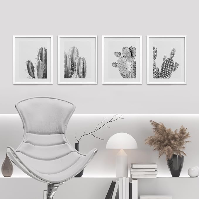 SIGNWIN Framed Black & White Saguaro Southwest Desert Tropical Cactus Wall Art, Set of 4 Floral Botanical Wall Decor Prints, Nature Wilderness Wall Décor for Living Room, Bedroom - 11"x14" White