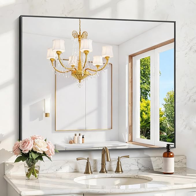 KOCUUY Bathroom Mirror 36"x40", Black Bathroom Mirrors for Over Sink, Shatterpoof Large Vanity Mirror, Metal Framed Black Wall Mirror for Bedroom Living Room and Entryway (Horizontal/Vertical)