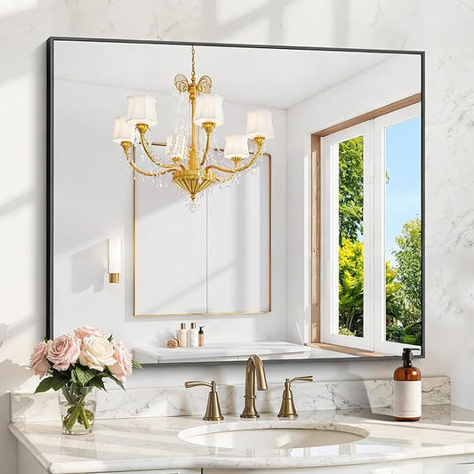 KOCUUY Bathroom Mirror 36"x40", Black Bathroom Mirrors for Over Sink, Shatterpoof Large Vanity Mirror, Metal Framed Black Wall Mirror for Bedroom Living Room and Entryway (Horizontal/Vertical)