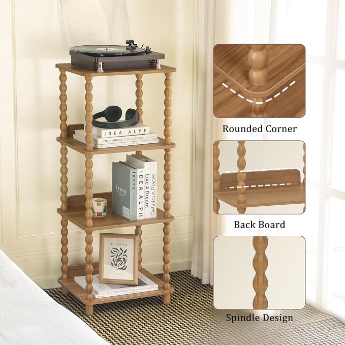 Fultyle Bookshelf, 4-Tier Bookcase with Open Shelves, Vintage Book Shelf for Small Spaces, Bedroom, Living Room and Office with Solid Wood Legs (Caramel Tan)