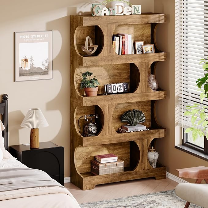 Tribesigns 71" Tall Bookcase, 4-Tier S-Shaped Bookshelf, Wood Decorative Storage Shelving, Modern Freestanding Display Shelves, Large Library Book Shelf Unit for Home Office Living Room Bedroom, Brown