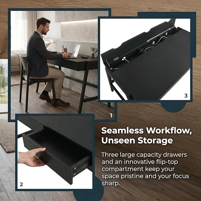 HNY 59 Inches Black Wooden Writing Desk with 3 Drawers, Computer Study Table with MDF Top, Solid Rubberwood Legs and Hidden Cable Management Holes, Corner Makeup Vanity Desk for Home Office, Bedroom