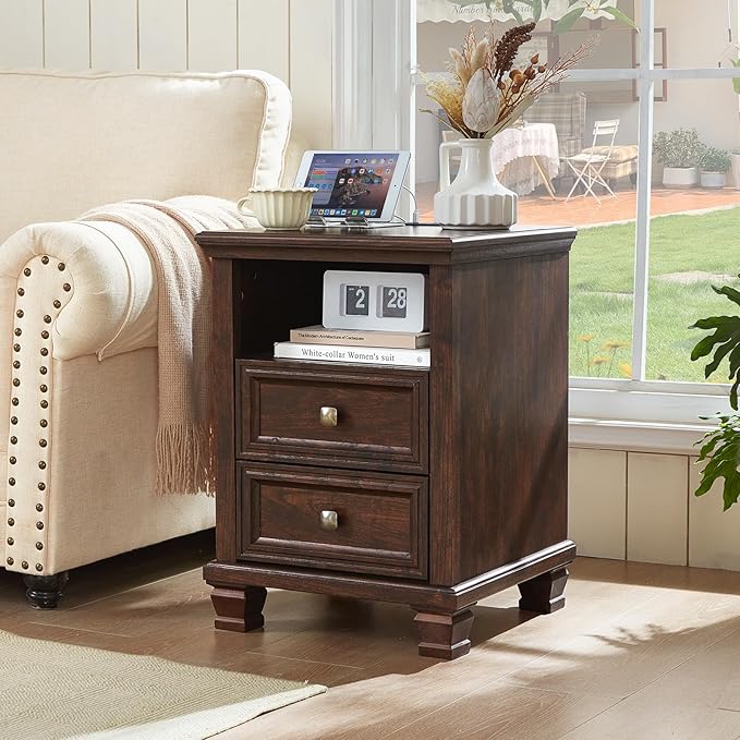 Farmhouse Nightstand with Charging Station, Rustic Brown Nightstand, 2 Drawers End Table, Bedside Table with Open Shelf for Bedroom, Walnut