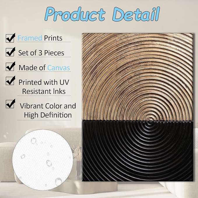 Pennimor 3Pcs Framed Retro Wood Grain Abstract Wall Art, Simple Geometric Line Wood Wall Decor, Black and Brown Modern Minimalist Artwork Printing for Bathroom Bedroom Living Room Home Office 20x28in