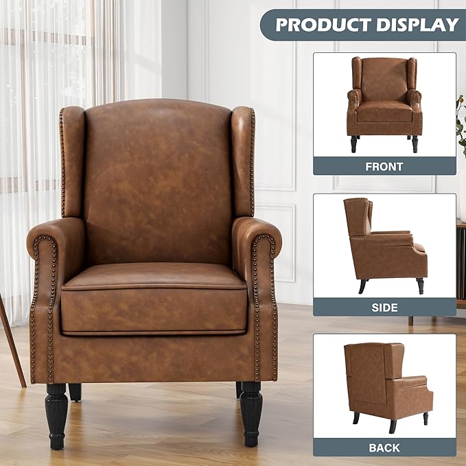 High Back Accent Chairs Set of 2, Faux Leather Upholstered Armchair Wingback Chair for Living Room, Comfy Single Sofa Solid Wood Legs Bedroom Reading Seat (Brown)
