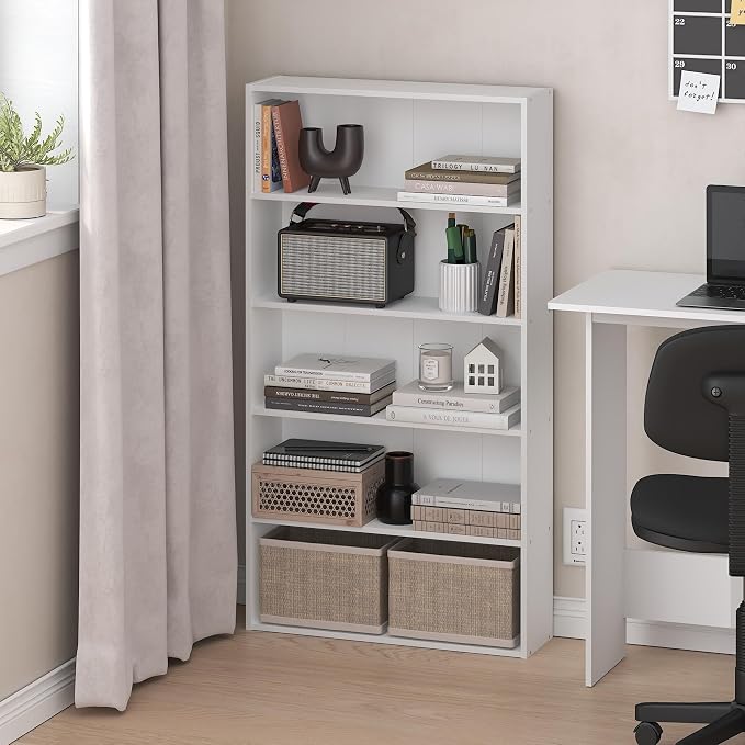 Furinno Basic Book Shelf, 5-Tier Bookshelf, Storage Organizer Bookcase with Open Shelf, 7 x 24 x 44, for Living Room, Bedroom, Home Office, White
