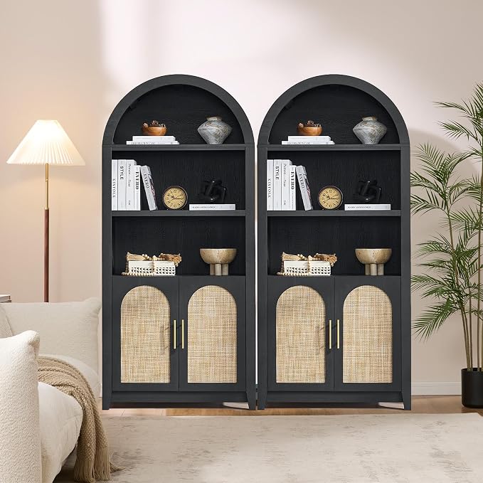 RowyPoey Rattan Arched Cabinet Bookshelf - 69.3” Tall Mid Century Display Cabinet, Rounded Bookcase with Rattan Doors, Open Shelf Storage for Dining Room (Black, 2 PCS)