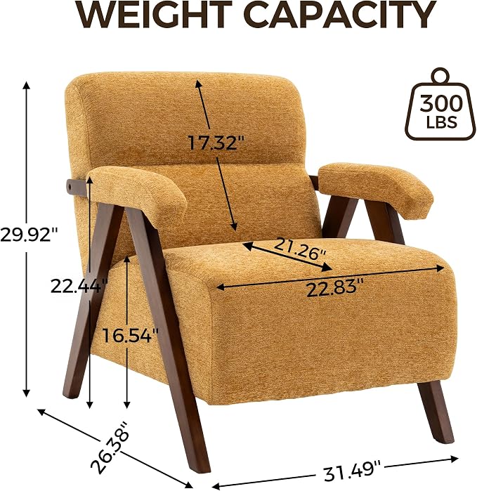 Accent Chair Mid Century Modern Living Room Chairs with Thick Cushion Comfy Upholstered Armchair Cozy Small Side Chairs for Reading Room Bedroom Yellow