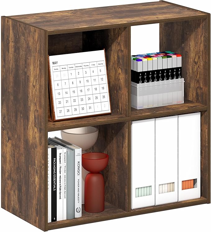 Furinno PELLI Book Shelf, 4-Cube Bookshelf with Open & Closed Back Cubes, 2 x 2 Storage Organizer Cabinet, 11.6 x 24.2 x 24.2, for Living Room, Bedroom, Home Office, Amber Pine