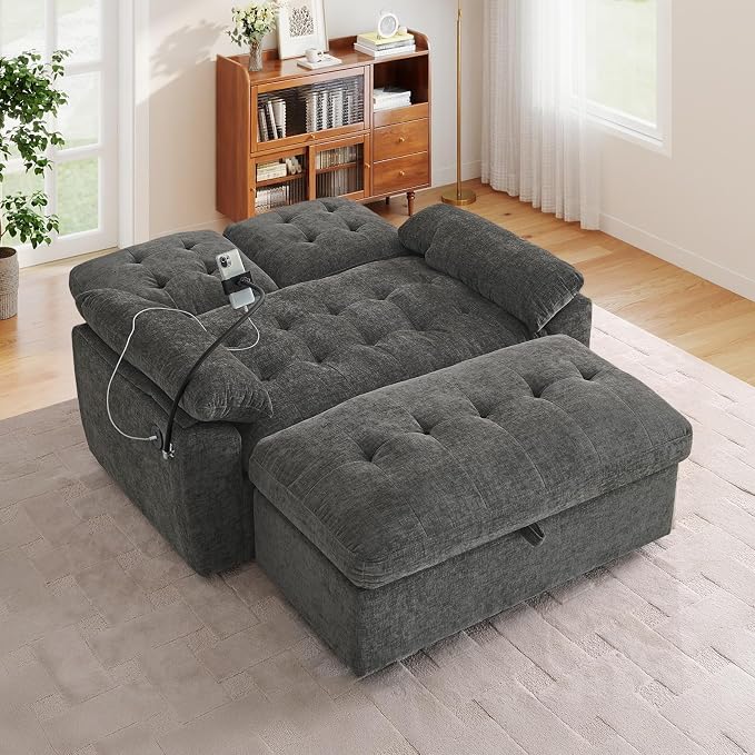 Oversized Chaise Lounge Chair Indoor with Ottoman&Adjustable Backrest,Chenille Tufted Recliner Comfy Loveseat Sofa Chair with USB&Phone Holder,Convertible Sleeper Couch Bed for Living Room(56"W,Grey)