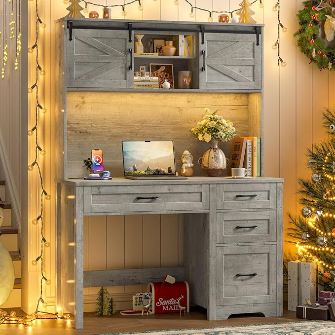Vabches Farmhouse 67" H Executive Desk with Hutch,Office Table with LED Light and 5 Drawers,Computer Desk with Charging Station,File Drawers and Storage Cabinet,Workstation for Home Office.Grey