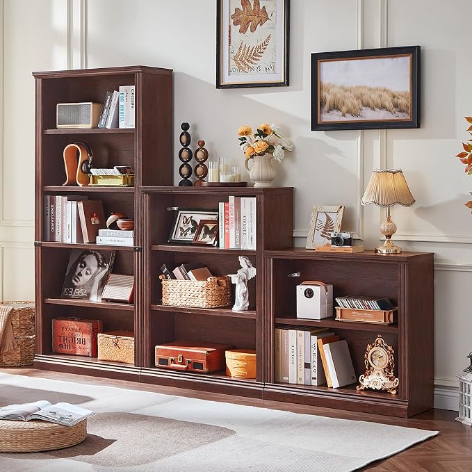 RWYHG 30" Walnut Bookshelf Set of 3,2-Tier Thick Wood Book Shelf with Adjustable Shelve,Free Standing Farmhouse Bookcase with Open Display Storage,Floor Vintage Bookshelves for Living Room,Office