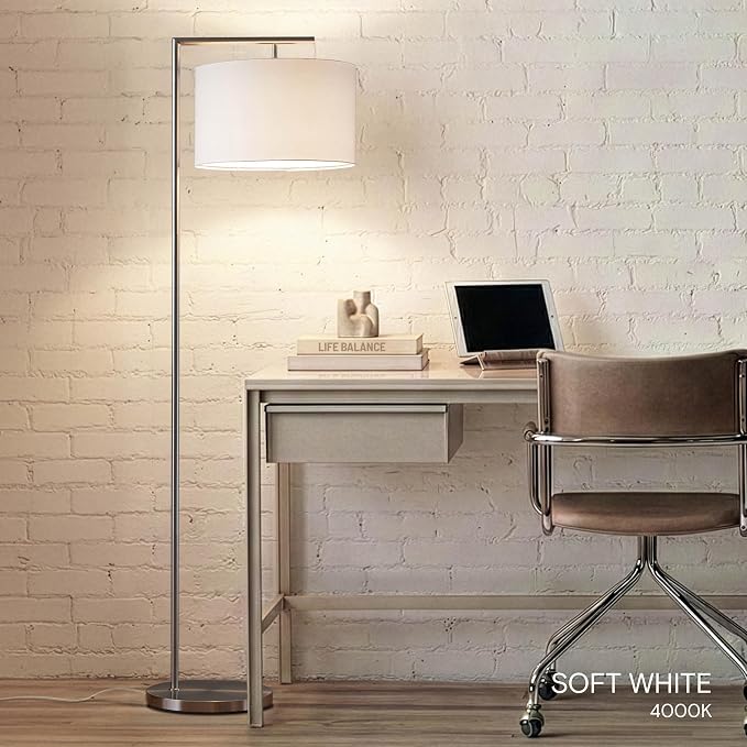 Brightech Montage Modern Floor Lamp - LED Standing Lamp with White Shade and Adjustable Color for Living Rooms & Offices - Tall Corner Bedroom Reading Light for Contemporary Home Decor - Satin Nickel