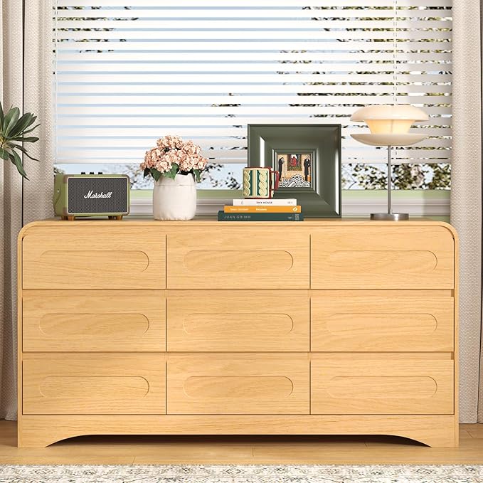 Dresser for Bedroom with 9 Drawers, 63" Long Modern Wood Chest of Drawers with Pre-Installed Slides, Large Storage Cabinet with Curved Design for Bedroom, Natural Oak