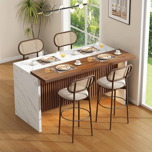 63" Large Imitation Marble Bar Table,Island Table with LED Lights,Mordern Marble Stripes Dining Table with Grille Design for Home Kitchen, Living Room, Balcony, Basement(White)