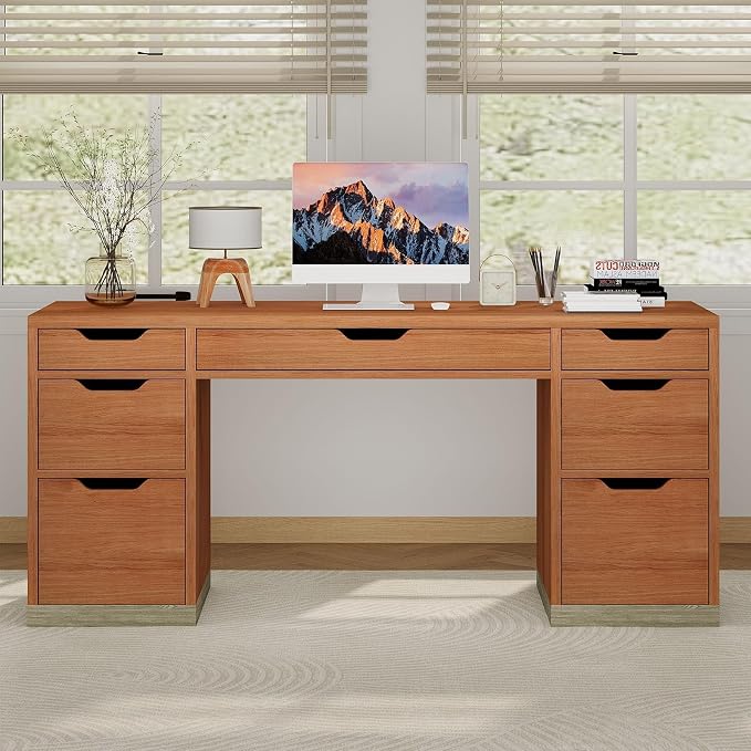 MaverickFurni Office Desk with Drawers, 54 Inch Computer Desk with 7 Drawers for Bedroom, Small Executive Desk with Stoarge Drawers for Work Study Writing, Small Spaces, Brown
