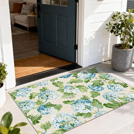 Floral Outdoor Rug - 28" x 43" Front Door Mat Indoor Outside Entrance Non-Slip Washable Outdoor Mat Light Blue Green Flower Rug for Entryway Kitchen Bedroom Layered Doormat for Front Porch