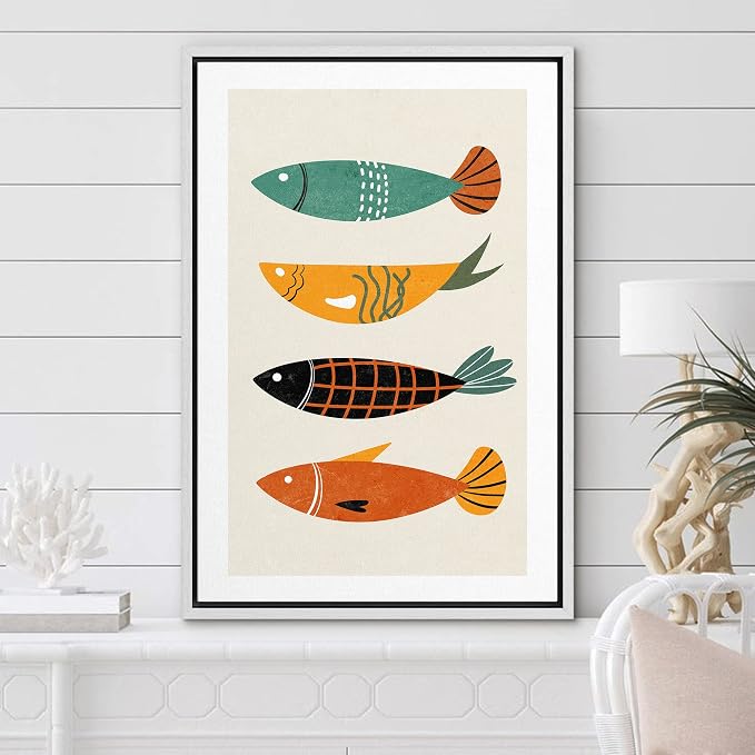 Woodrose Framed Canvas Print Wall Art Mid-Century Pattern Ocean Fish Animals Shapes Illustrations Modern Minimalist Chic Relax/Calm Multicolor for Living Room, Bedroom, Office - 24"x36" White