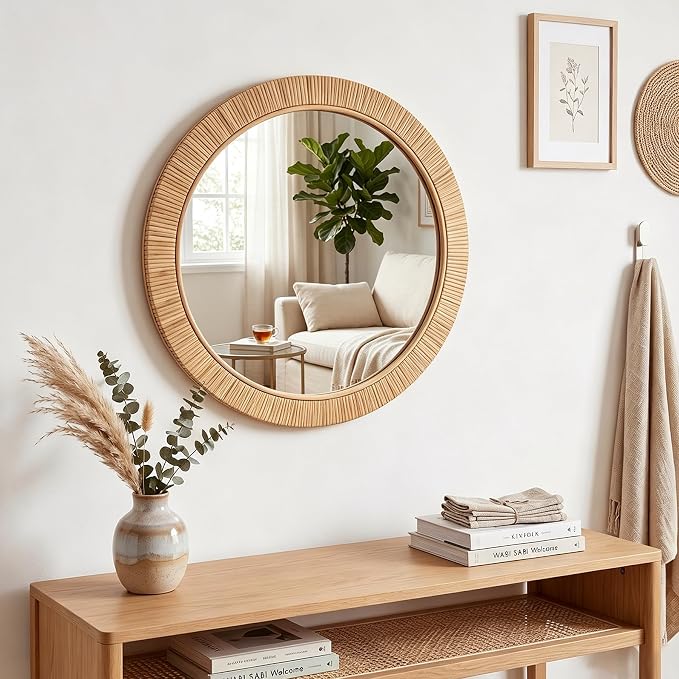 24"x24" inch Large Round Rattan Mirror for Wall, Boho Decorative Wicker Mirror Waterproof Synthetic Rattan Frame, for Bathroom, Bedroom, Living Room, Entryway