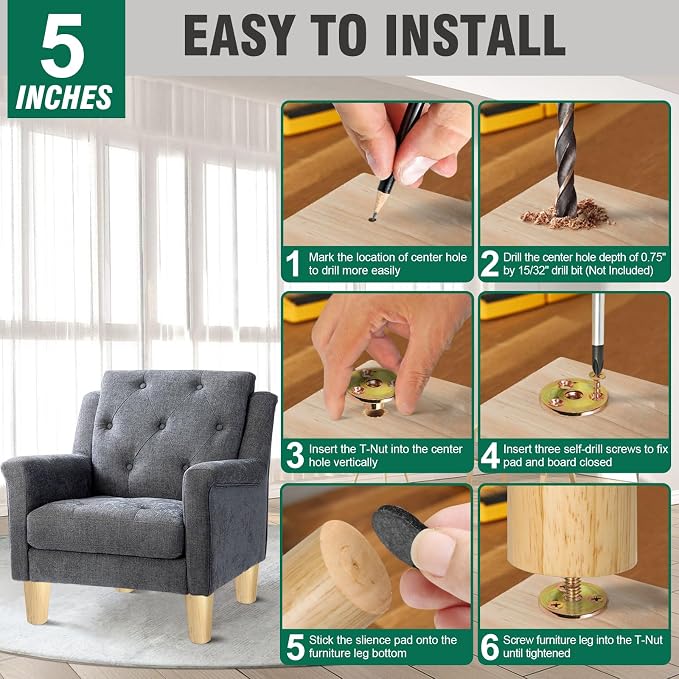 FoDau770 Rubber Wood Furniture Legs 5 Inches, 5/16" UNC Straight Tapered Wood Feet Mid Century Sofa Legs, Wooden Furniture Feet Replacement Parts for Cabinet Couch Dresser Chair Ottoman Table