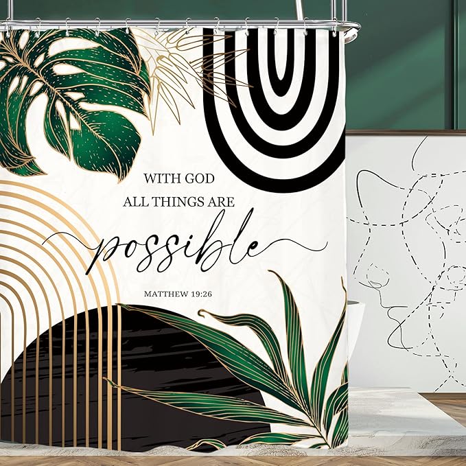 Miyotaa Abstract Emerald Green Shower Curtain Set 60Wx71H Inches Bible Christian Inspirational Motivational Minimalist Modern Tropical Leaves Contemporary Bathroom Curtain with 12 Hooks