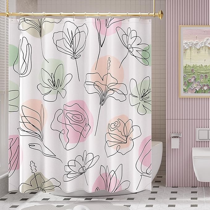 AmazerBath Floral Shower Curtain, 72"x72" Washable Cloth Spring Black Ink Blooms Shower Curtain with 12 Metal Hooks, Farmhouse Fabric Rustic Colorful Flower Shower Curtain Set for Bathroom Decor