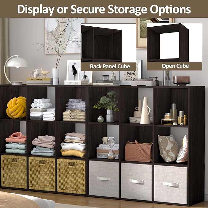 PrimeZone Stackable 9 Cube Storage Organizer: Wood Cubes Shelf Fits Cubby Bins - Square Cubicle Bookshelf Cabinet for Closet Bedroom - Open Storage Shelf for Toy Clothes Book Organization, Espresso