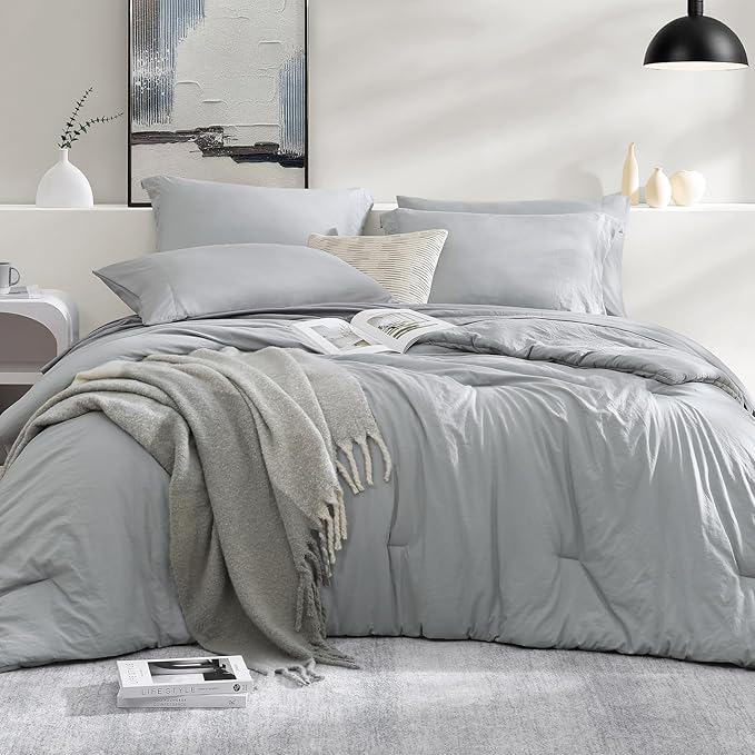 WRENSONGE Twin XL Comforter Set- 5 Pieces Light Grey Bed in a Bag, All Season Twin XL Bedding Sets with 1 Fitted Sheet, 1 Flat Sheet, 1 Pillow Sham and 1 Pillowcase