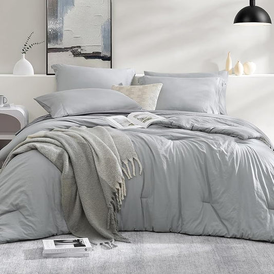 WRENSONGE Twin XL Comforter Set- 5 Pieces Light Grey Bed in a Bag, All Season Twin XL Bedding Sets with 1 Fitted Sheet, 1 Flat Sheet, 1 Pillow Sham and 1 Pillowcase