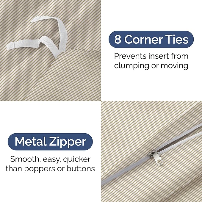 Duvet Cover Full Size - Extra Soft Full Size Duvet Cover - Lightweight, Breathable, Easy Care & Fade Free w/Zipper Closures & Ties - 80" x 90" Inches - (Beige Stripes 2) Comforter Not Included