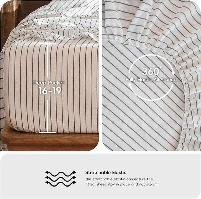 MooMee Striped Sheet Set 100% Washed Cotton Linen Like Textured Breathable Durable Soft Comfy (White Dark Grey Wide Stripes, King)