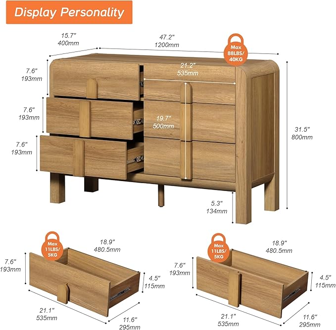 WAMPAT 47.2" W Buffet Cabinet with 6 Drawers, Modern Sideboard Buffet Cabinet with Storage, Buffet Table Coffee Bar Wine Bar Storage Cabinet for Dining Room, Living Room, Hallway, Light Walnut