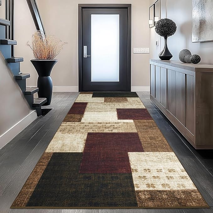 Modern Geometric Patchwork Indoor Runner Rug for Living Room, Red 2.7'x 8' Rug Rockwood Collection Hardwood Floors Decor for Bedroom, Burgundy Throw Carpet for Office Entryway Dining Room
