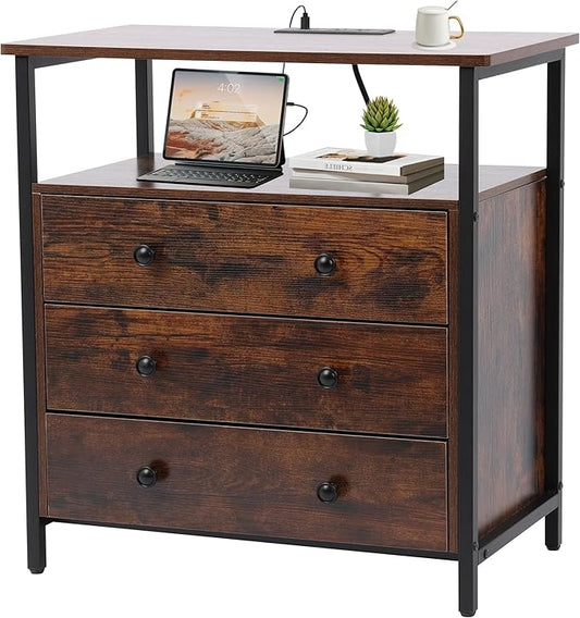 3 Wooden Drawers Night Stand, 27 Inch Wide Nightstand with Charging Station and Adjustable Drawers, Small Dresser for Closet, Bedside Table for Living Room/Bedroom/Office, Retro Brown.