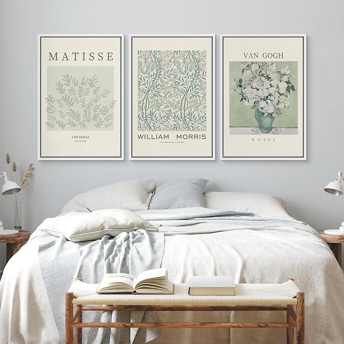 wall26 Framed Canvas Print Wall Art Set Matisse, William Morris, Van Gogh Photography Modern Rustic Scenic Colorful Multicolor for Living Room, Bedroom, Office - 24"x36"x3 White