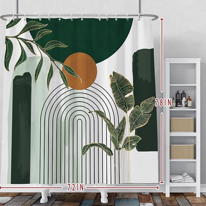 Baocicoo Abstract Mid Century Shower Curtain - Bohemian Tropical Leaf Modern Minimalist Design for Bathroom - Green Bath Accessory Art Decor Fabric With Hooks 72x78 Inches