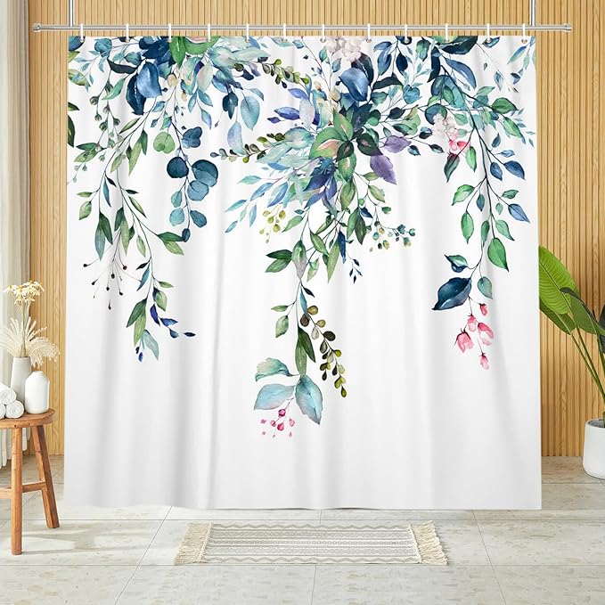 Eucalyptus Shower Curtain, Watercolor Sage Green Leaf Plant Floral Spring Nature Waterproof Machine Washable with Hooks for Bathroom Bathtub 72x72