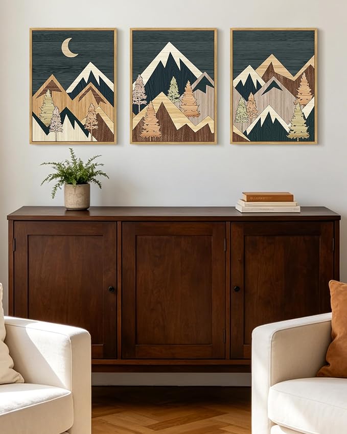 KUVIOKE Morden Mountains Framed Wall Art Boho Pine Tree Forest Nature Landscape Artwork Bohemain Farmhouse Rustic Bedroom Decor 12x16in (Natural Framed)