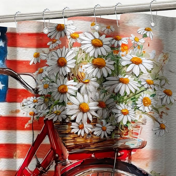American Flag Shower Curtain Watercolor Bike Flowers Shower Curtains for Bathroom Waterproof Fabric Bath Curtain Decor with Hooks