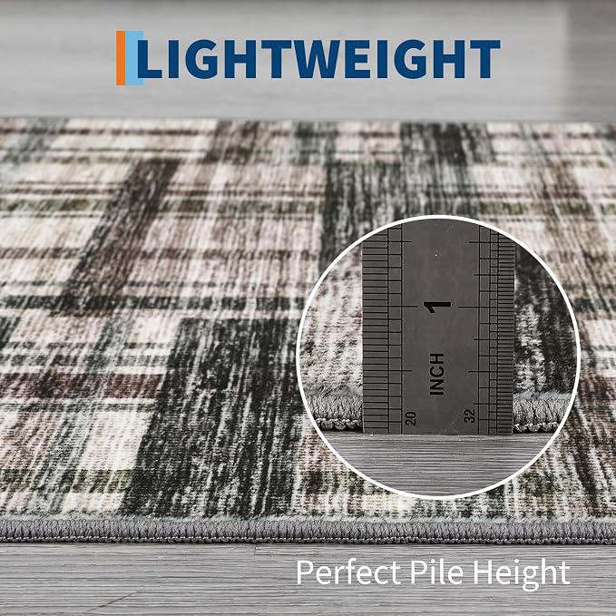 Washable Rugs 9 x 12 Rug for Living Room Plaid Area Rug Non Slip Large Area Rug Soft Non Shedding Throw Rugs Gingham Stain Resistant Carpet for Bedroom Office Dining Room Green/Brown 9'x12'