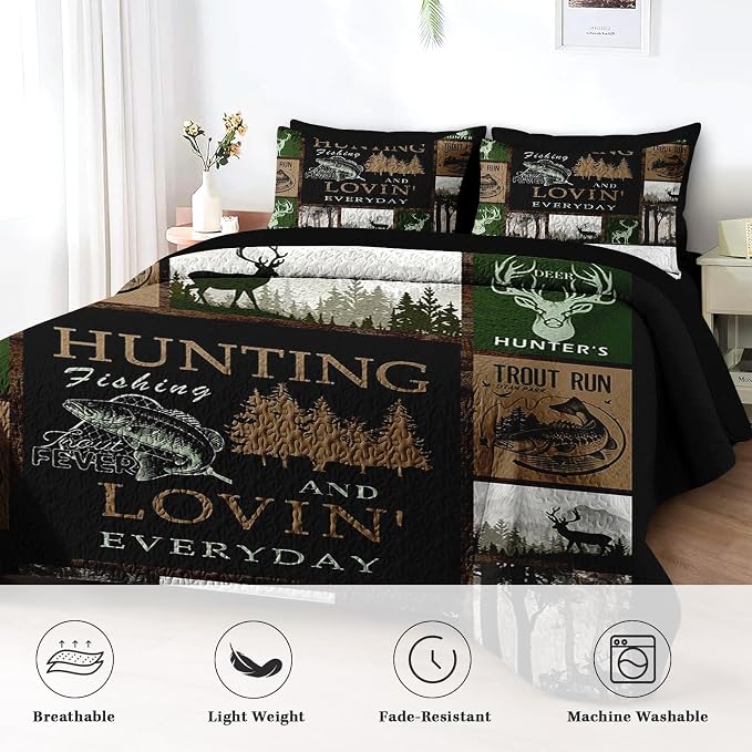 Pamnest Quilt Set King Size, Cabin Deer Animal Tree 3 Pcs Soft Bed Cover Bedding Set for Kids and Adults, Rustic Mountains Gray Lightweight Bedspread Coverlet with Pillow Sham for All Season