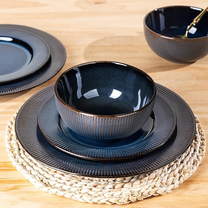GBHOME Ceramic Dinnerware Sets,12 pcs Embossed Elegant Stoneware Plates and Bowls Sets, Housewarming Wedding Gift | Dishwasher & Microwave Safe | Dishes Set Service for 4