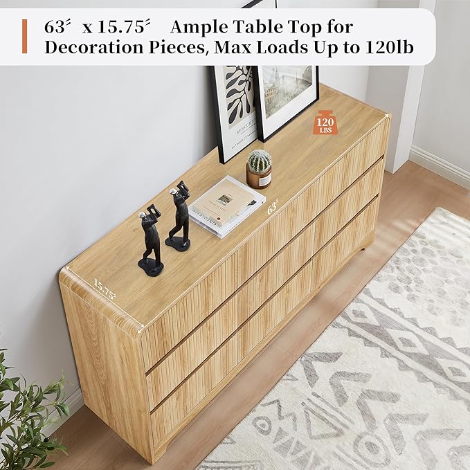 MERRYBERRY Fluted Dresser for Bedroom with 9 Drawers,63" Wide Modern Chest of Drawers with Curved Profile & Deep Drawer,Large Wood TV Dresser for Bedroom Living Room