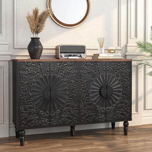 Sideboard Buffet Cabinet with Storage, Accent Cabinet with 4 Vintage Carved Flower Pattern Doors, Decorative Wood Credenza for Living Room, Hallway, Dining Room, Kitchen, Black