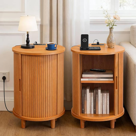 DHH End Table Set of 2 with Storage & Charging Station, Fluted Accent Side Table with Sliding Door & Adjustable Shelf, Mid-Century Nightstand for Small Spaces, Living Room, Bedroom(2, Yellow Walnut)