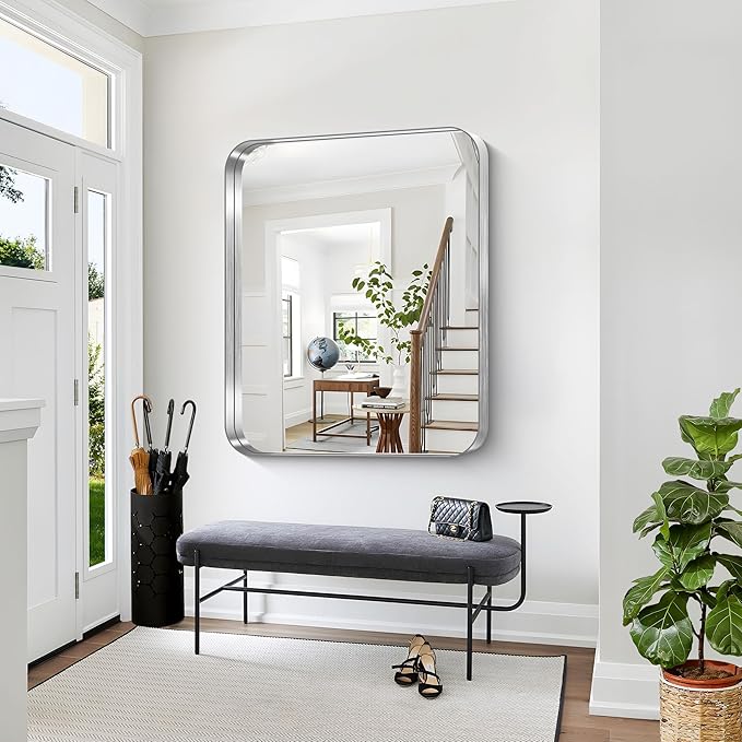 CIRCUMI Silver Bathroom Mirror, 40"x48" Rectangular Mirror with Deep Metal Frame, Rounded Corner, Tempered Glass, Large Mirror for Wall, Over 2 Sinks, Installed Vertically/Horizontally, Crystal-Clear