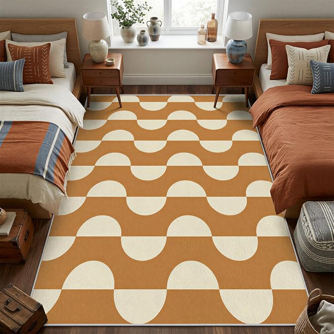 Caramel Dot Wave Area Rug 2 x 3 ft, Mid-Century Modern Geometric Rug, Brown Cream Abstract Washable Rug, Soft Low Pile Non-Slip Carpet for Living Room Bedroom Dining Room