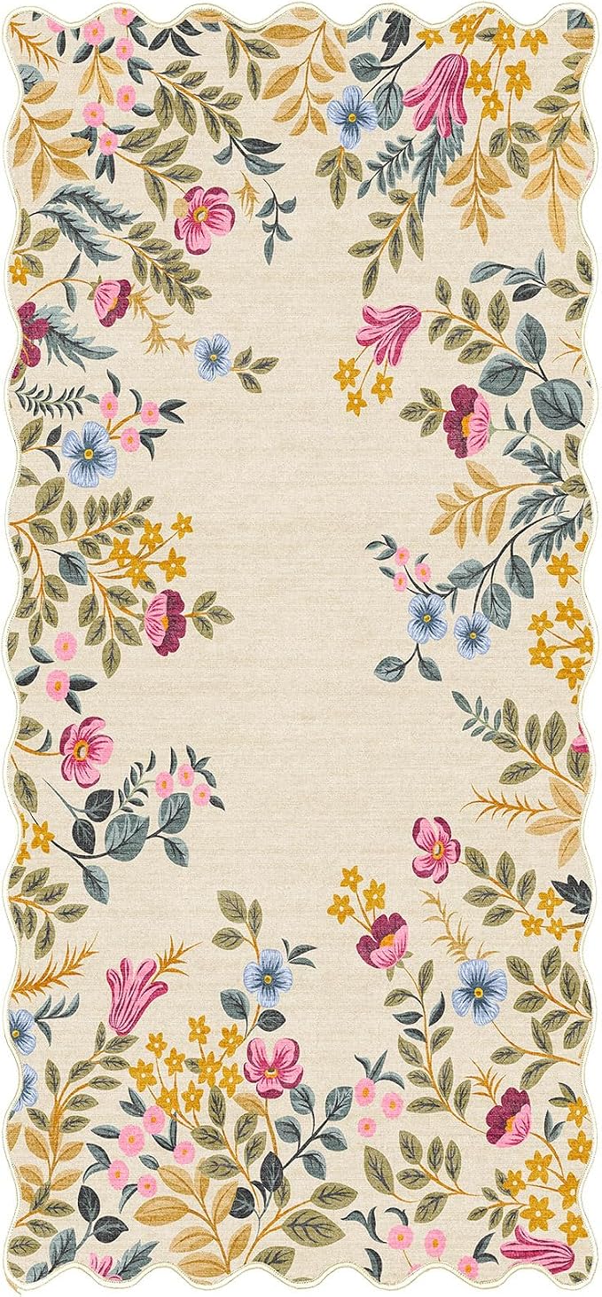 Front Door Mat Indoor Entrance - 2x4.3 Beige Colorful Floral Washable Layered Doormat Outdoor Entrance Porch Rug Non-Slip Boho Runner Rug for Kitchen Hallway Bedroom Laundry Room Porch Decor