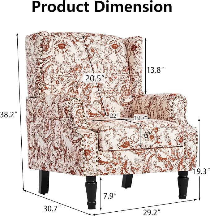 Pia Ricco Set of 2 Floral Accent Chairs, High Back Upholstered Armchairs with Retro Wingback Design, Nailhead Trim & Solid Wood Legs for Living Room Bedroom Home Office(Rococo Orange)